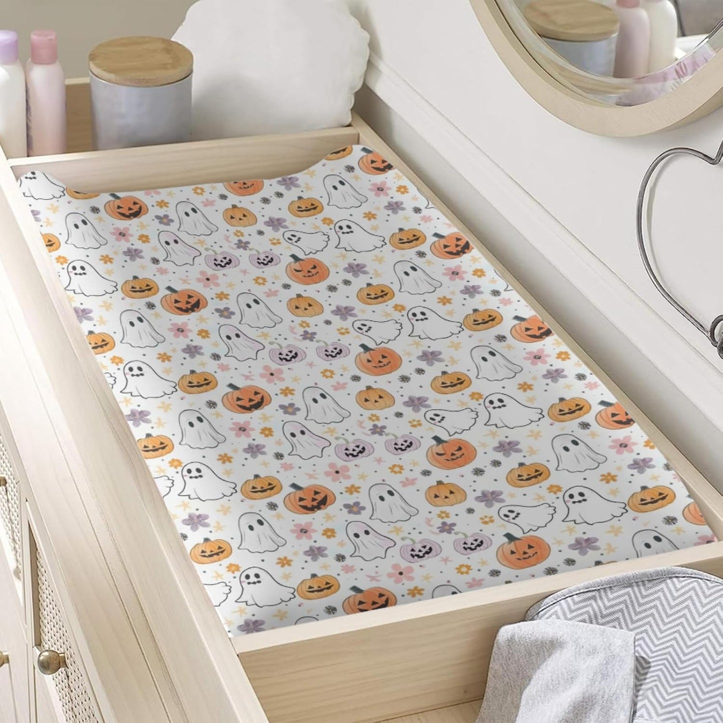 Cartoon Halloween Floral Pumpkin Flowers Pattern Baby Changing Pad Cover, Unisex Fall Winter Holiday Nursery Diaper Changing Table Pad Mat Sheet for Boys Girls-16x32