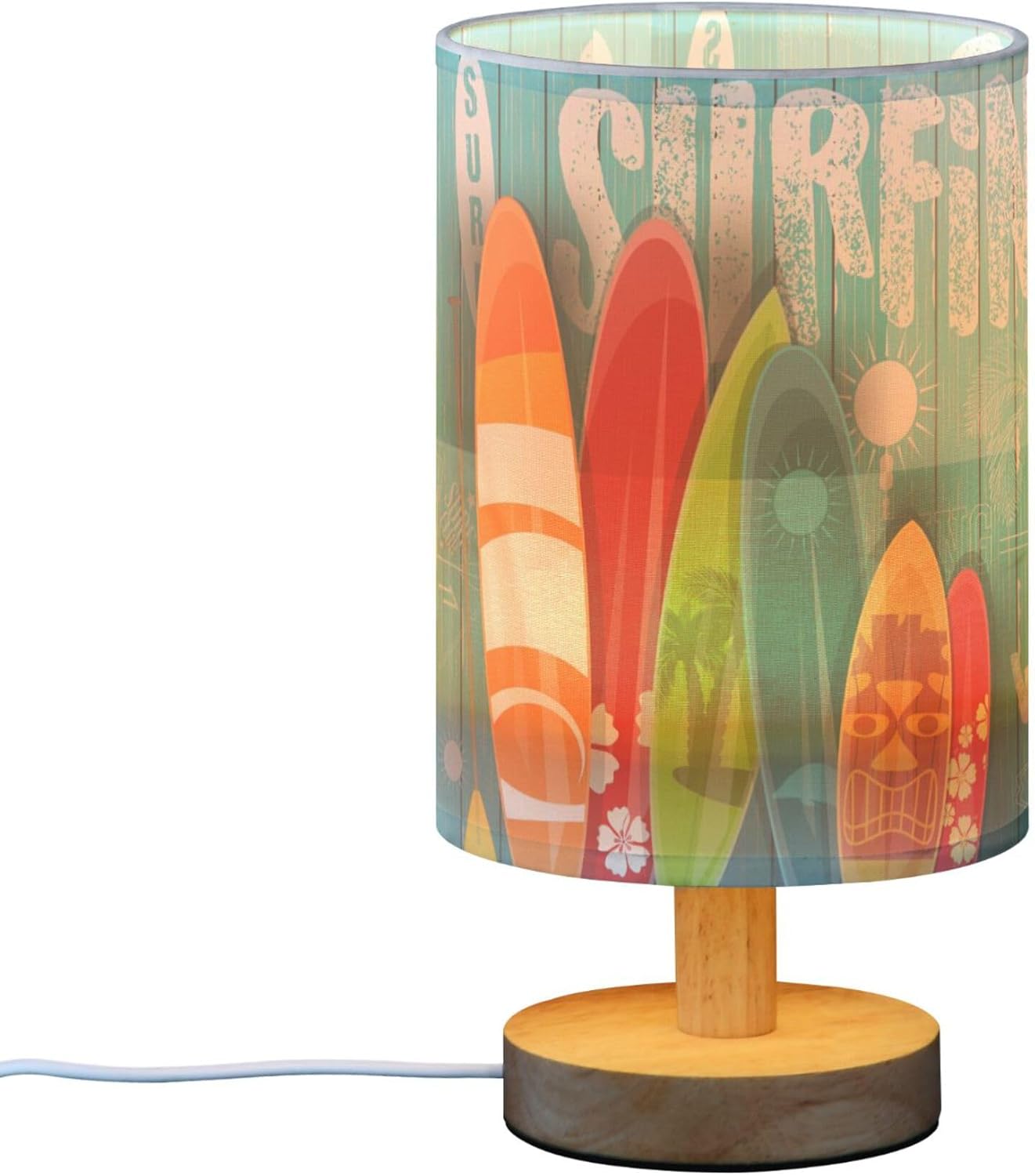 Table Lamp Colorful Surfboard Palm Tree Graphic Blue Wooden Summer Ocean Nightstand Lamp with Wood Base Fabric Lamp Shade Bedside Desk Lamp for Living Room Bedroom Kids Room Office