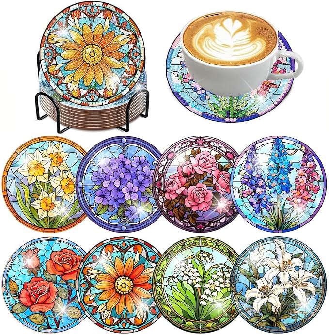 ijbnhd 8 PCS Flowers Diamond Art Coasters | Diamond Painting Coasters Kits
