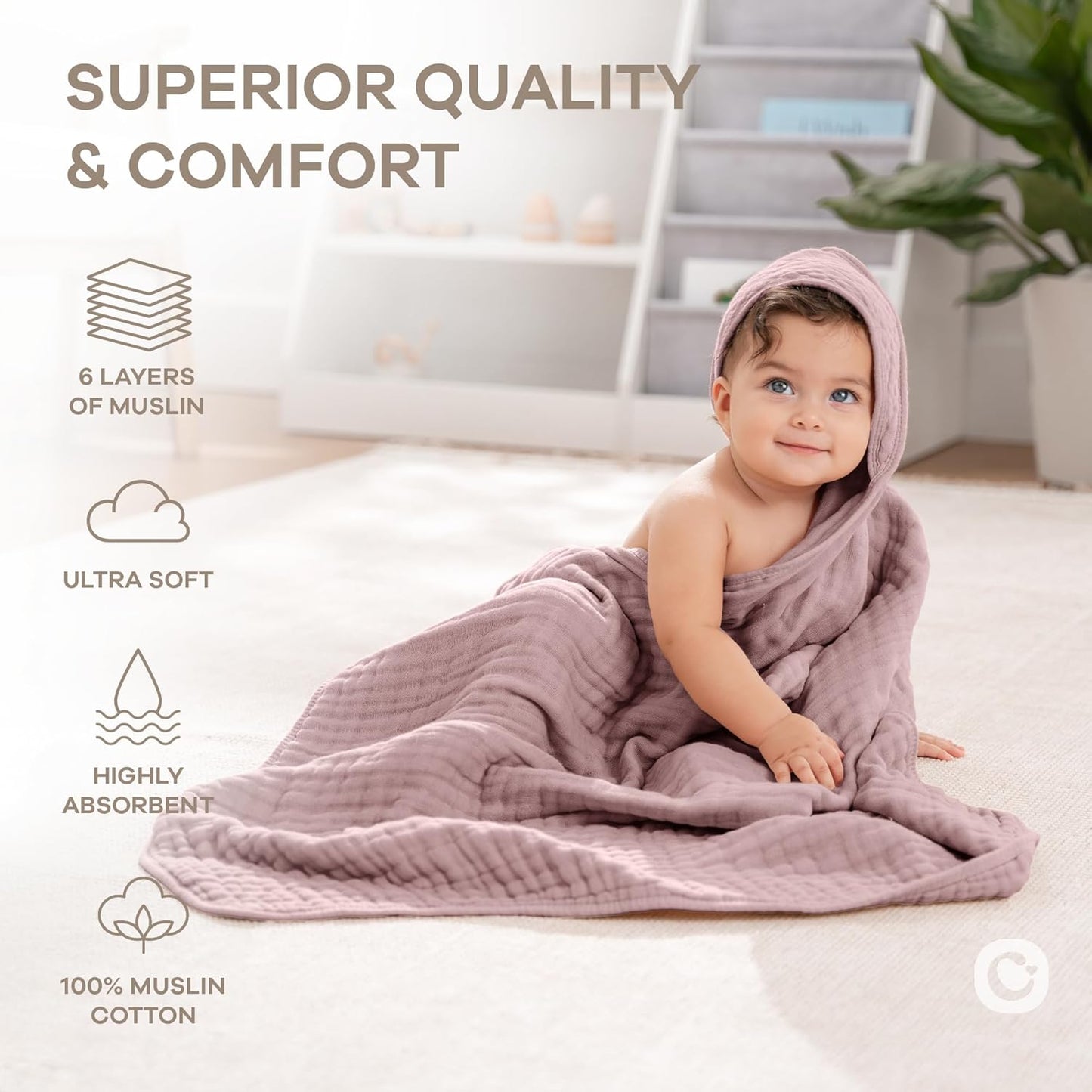 Comfy Cubs Hooded Baby Towel 1-Pack, Large 32 x 32 Inch - 6 Layer 100% Muslin Cotton for Babies, Toddlers and Kids - Soft & Absorbent Baby Bath Towels - Unisex Design for Bath Time - Mauve
