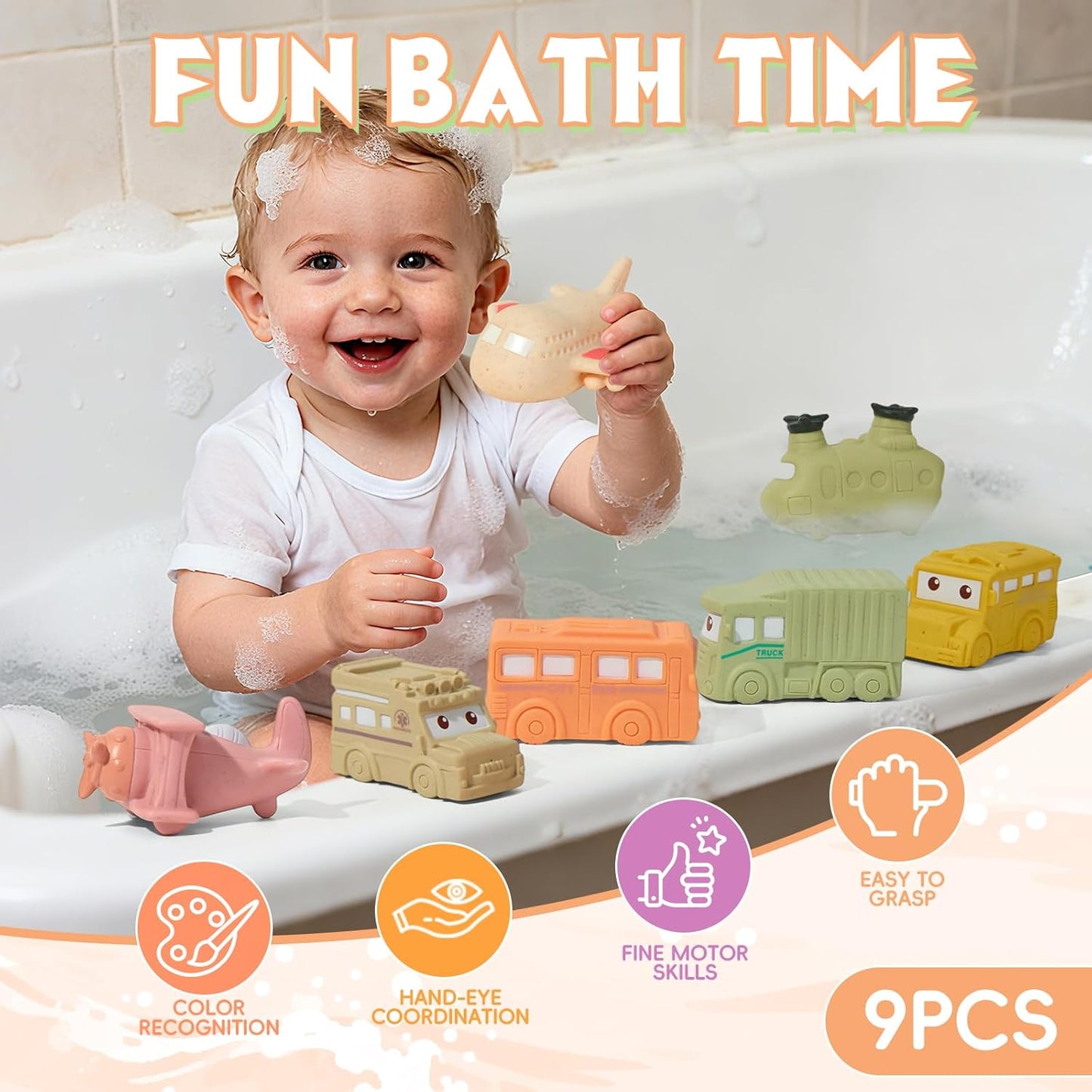 Mold Free Baby Bath Toys, 9 PCS No Hole Vehicle Bath Toys, Soft & Safe Toddler Bath Toy Set, Bathtub Water Beach Pool Toys for Babies 6-12 Months, Baby Gift for Christmas, Birthday, Stocking Stuffers