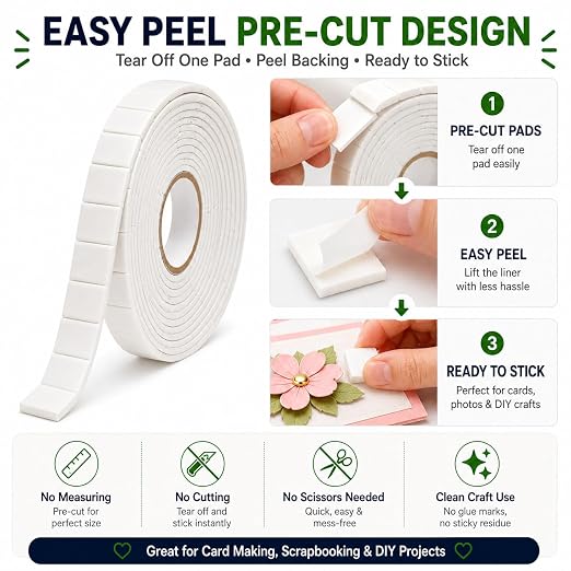 2 Rolls Pre-Cut Double Sided Foam Tape, 460 Large Craft Pads or Card Making
