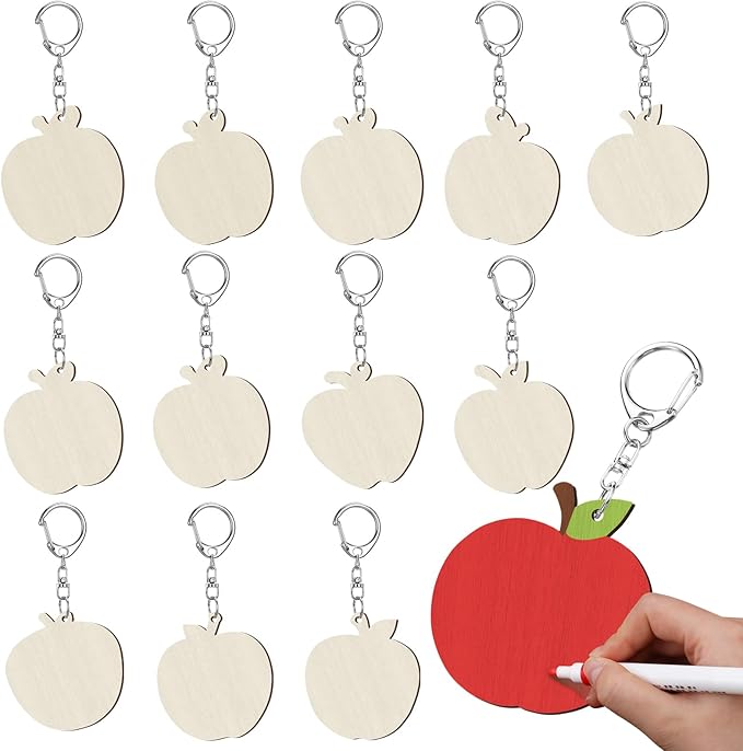 RattanView 24 Pcs Apple Craft Color Your Own Keychains DIY Craft Wooden Blank
