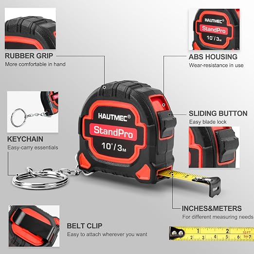 HAUTMEC 3pc Small Mini Tape Measure 10ft, Keychain Measuring, Metric and