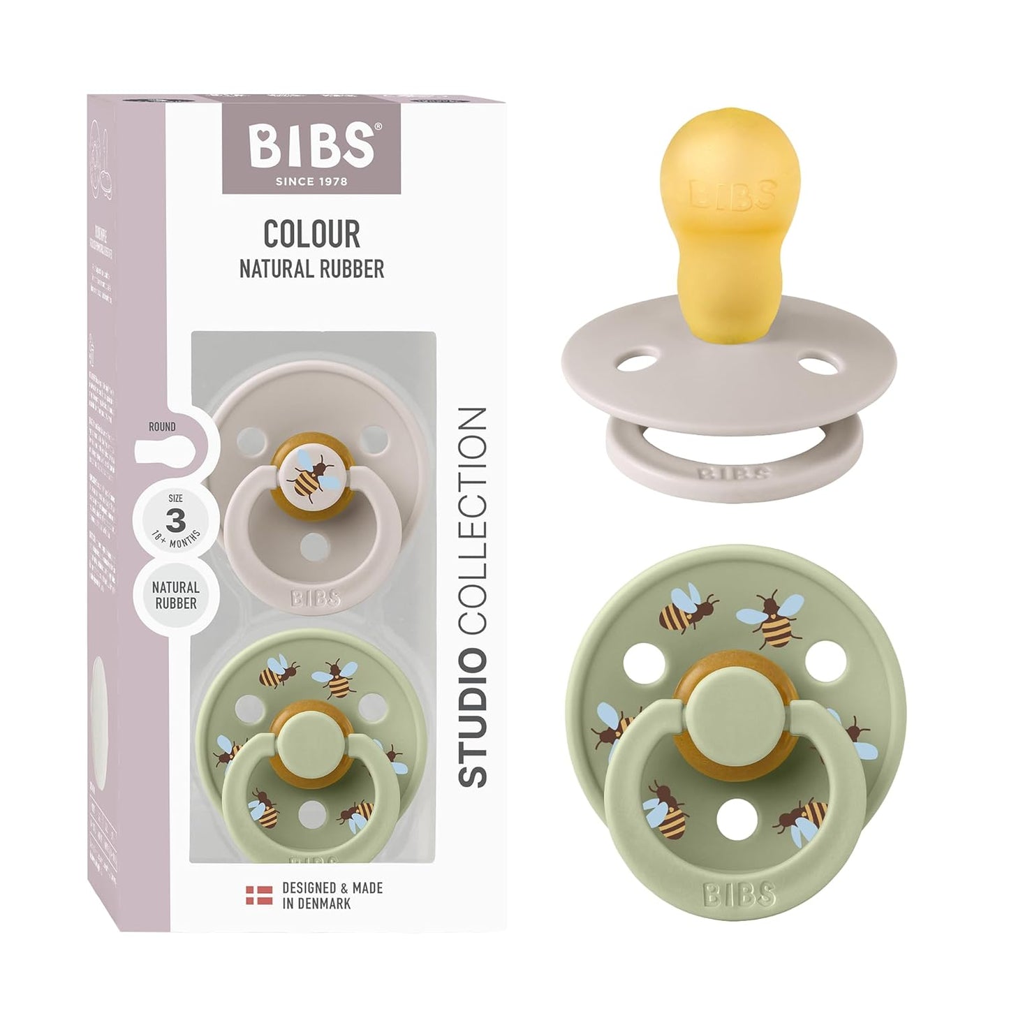 BIBS Studio Soother 2-Pack, BPA Free Dummy Pacifier, Round Nipple. Natural Rubber Latex, Made in Denmark, Size 3 (18+ Months), Mushroom/Sage