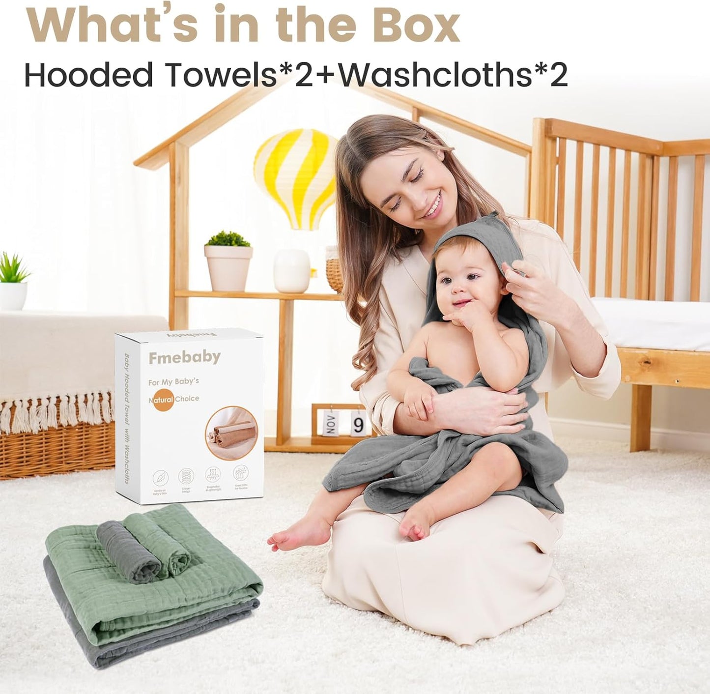 Hooded Baby Towels for Newborn, 2 Pack 36x36 Inch Muslin Cotton Baby Bath Towel and 12x12 Inch Washcloth Set with Hood for Babies, Toddler and Kids, Essentials Must Haves (Grey and Green)