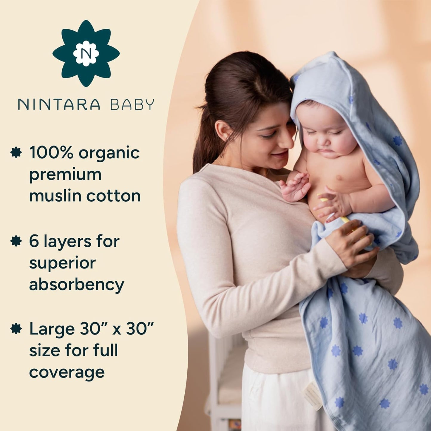 Hooded Towel - 100% Organic Premium Muslin Cotton, 30" x 30", Ultra-Absorbent, Soft, Breathable, Hypoallergenic, Multipurpose, Gifts for Babies & Infants