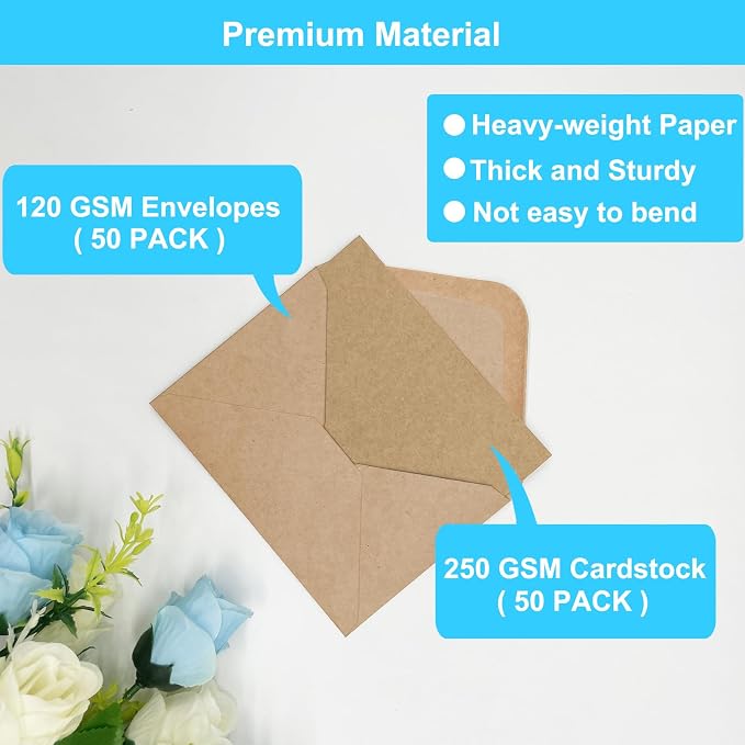 Blank Cards and Envelopes 5x7 inches, 50 Pack Brown Blank Note Cards Greeting