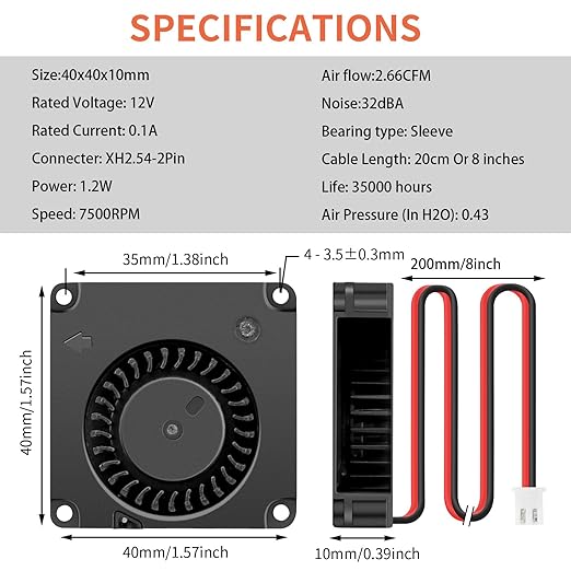 Wathai 4010 Blower Fan 12v Centrifugal Fan 40mm Computer Case Tiny Micro Turbine 40x40x10 for DIY 3D Printer Cooling 2 Pack