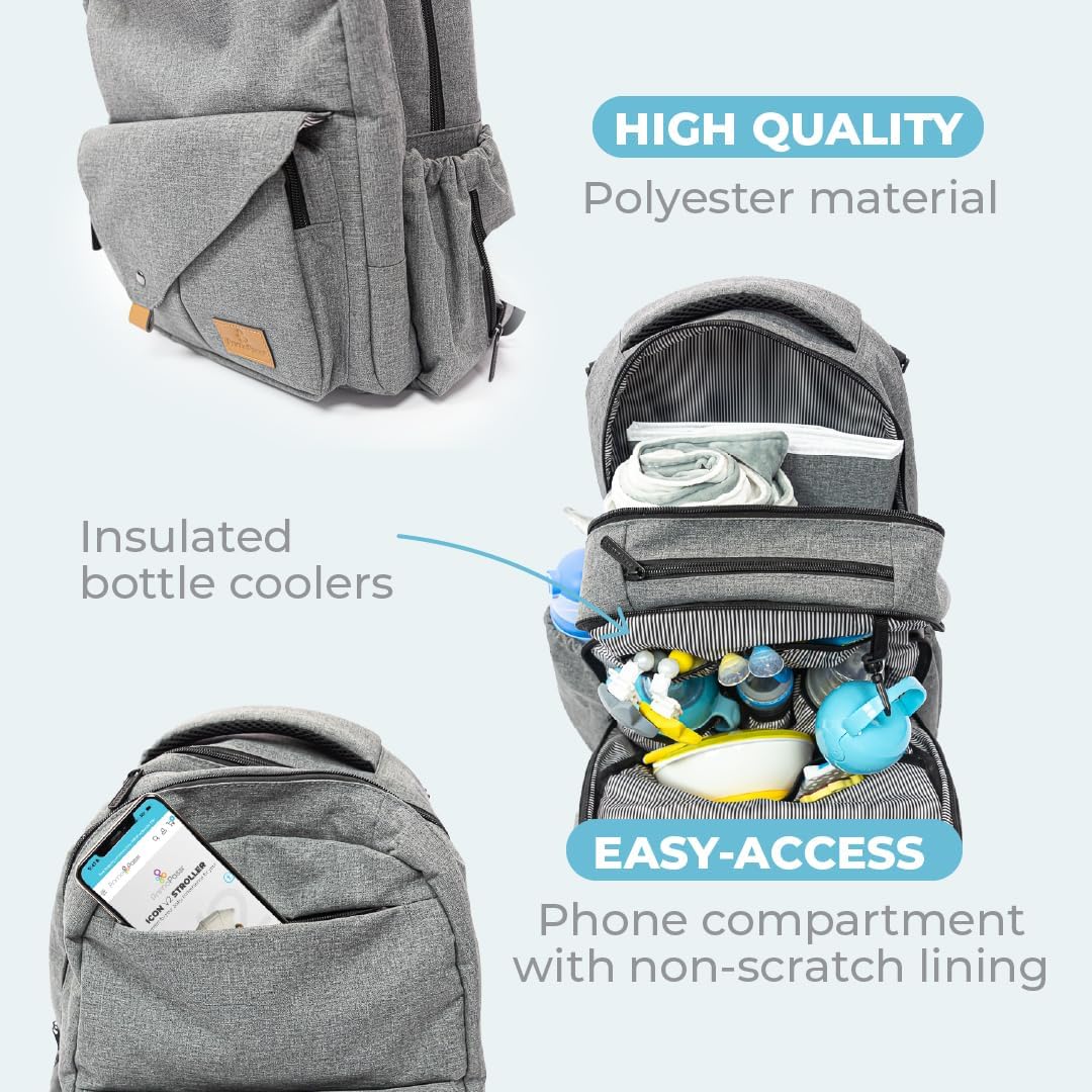 Primo Passi Baby Diaper Bag Travel Backpack with Insulated Pockets, Wipes Case, Changing Pad, and Stroller Straps (Pertutti)