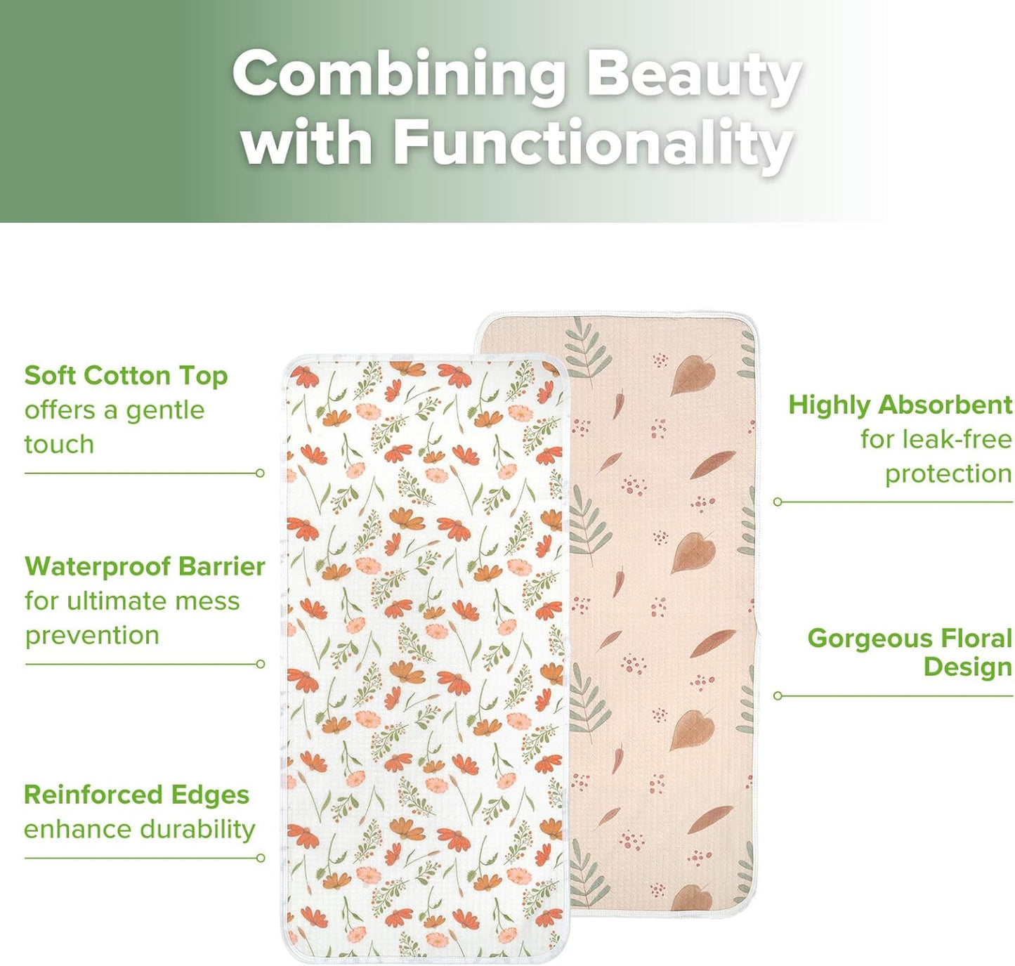 haakaa Waterproof Changing Pad Liners, 100% Cotton, Soft & Breathable (2pcs, 13" x 27.5" Velvet Bloom+Love Leaves)