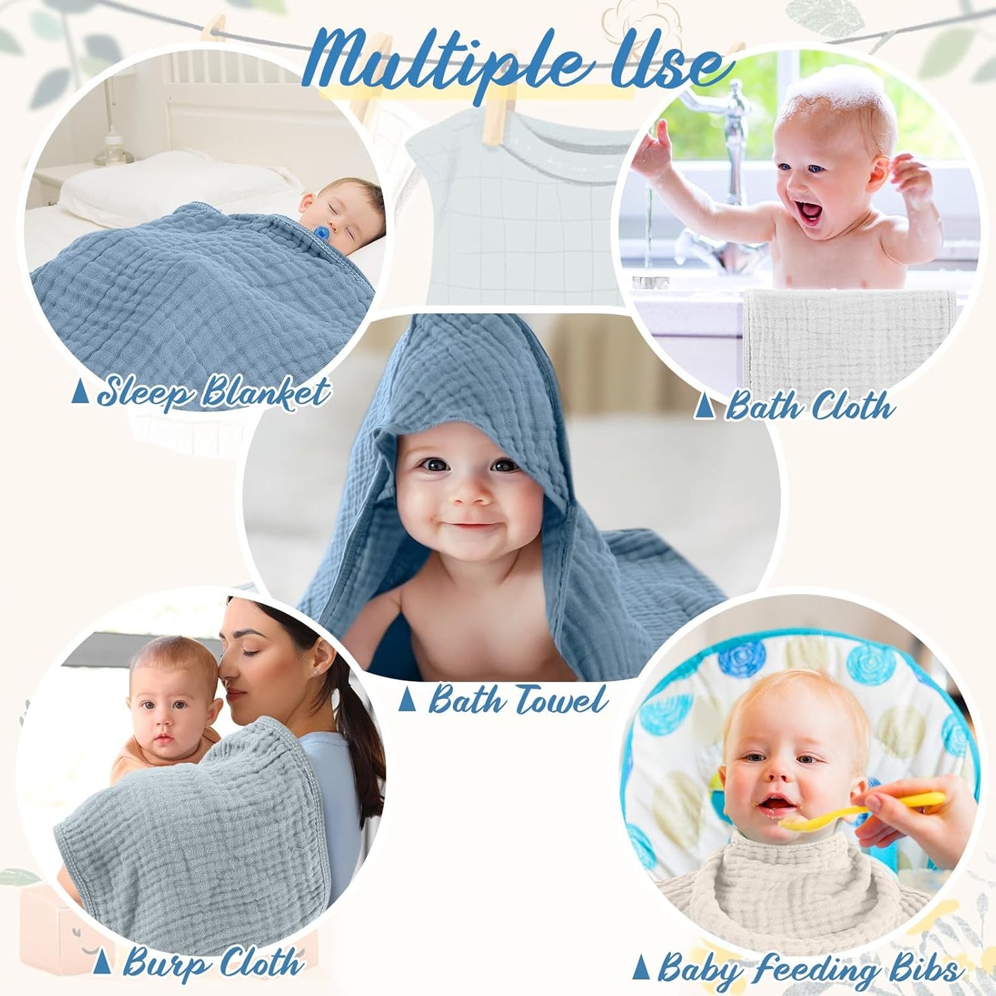VitalCozy 8 Pcs Baby Muslin Hooded Bath Towels and Washcloths, 32 x 32 Inch Muslin Cotton Hooded Baby Towels Absorbent Hooded Blankets for Gift Newborn Infant Shower (Blue,White)