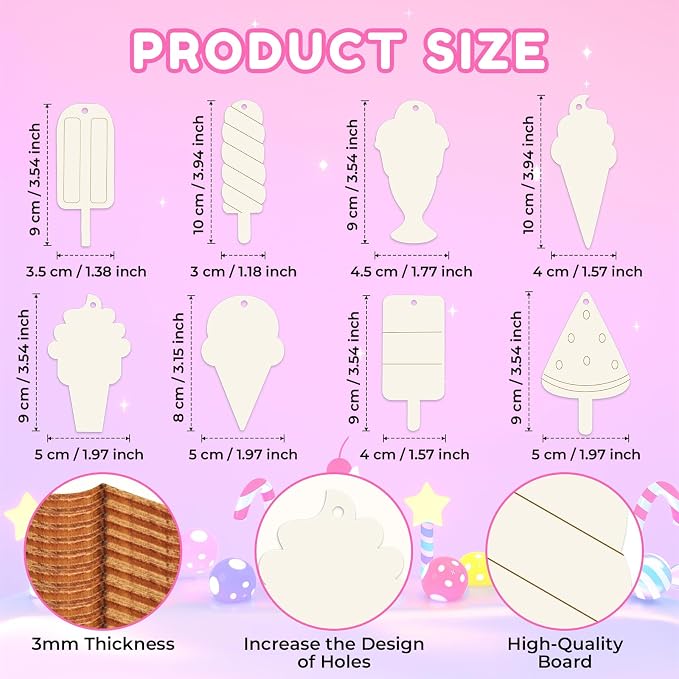 40Pcs Ice Cream Unfinished Wooden 8 Style Cutouts Ornaments DIY Craft Paintable
