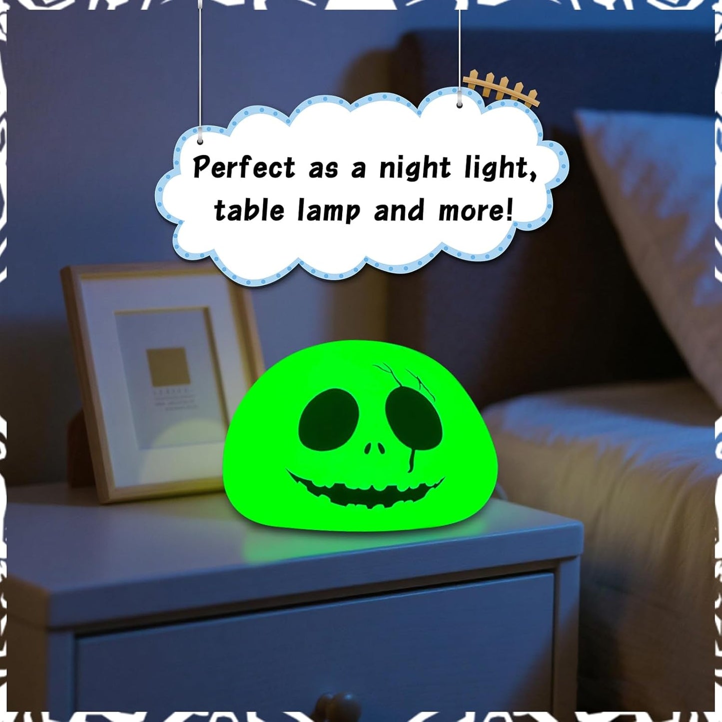 Cute Creative Christmas Skeleton Face Silicon Tap Light - Battery Powered, Multi-Color Changing, Safe and Soft for Indoor Holiday Decoration (White Skellington)