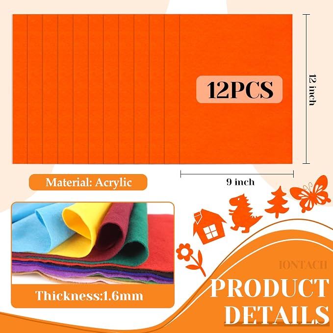 IONTACH 9" X 12" Felt Fabric Sheets 1.6mm Thick | Soft Felt