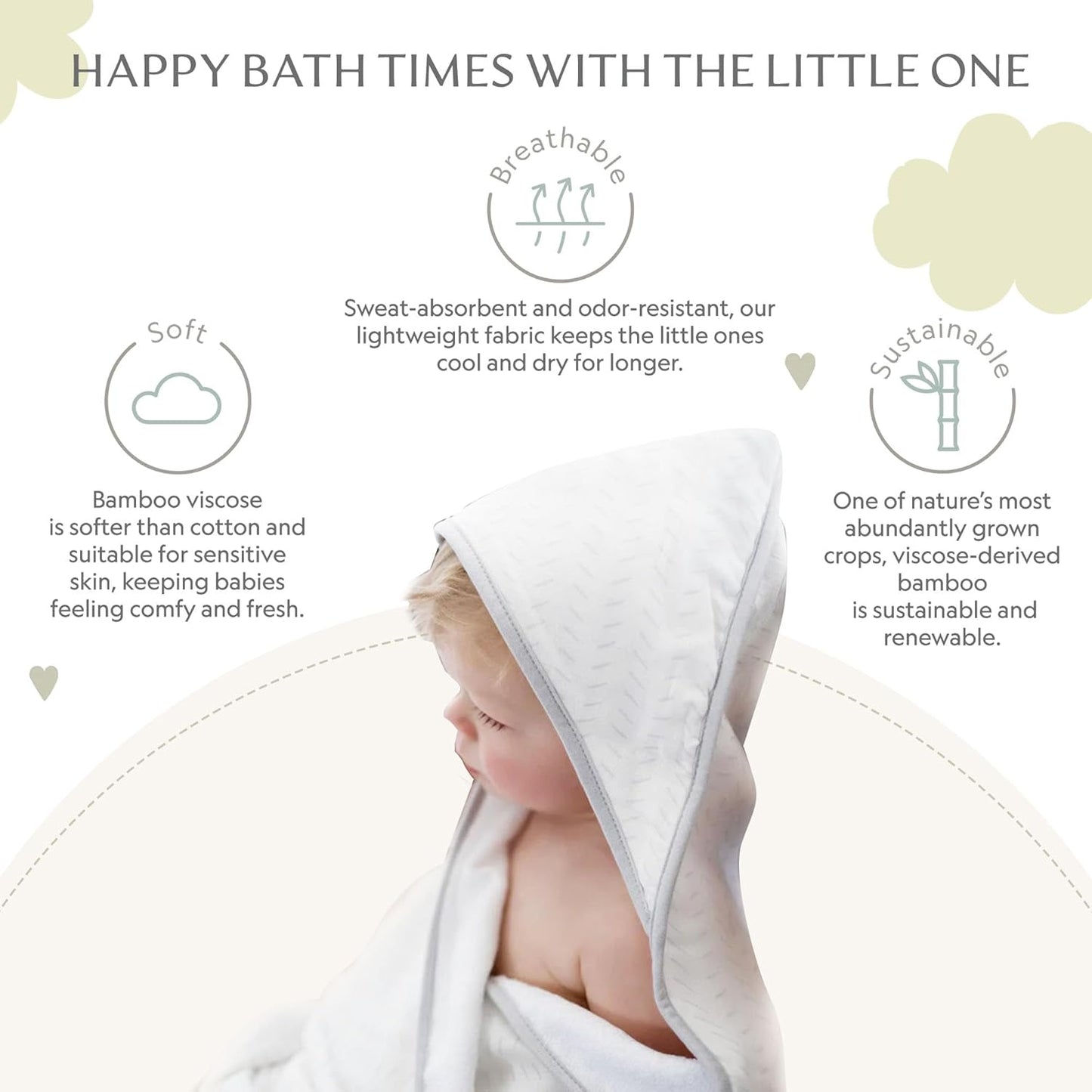 Bamboo Viscose Baby Hooded Towel & Washcloth Set for Babies and Toddlers, Soft & Absorbent, 70% Viscose from Bamboo, 30% Cotton Muslin - Imported (Light Grey)