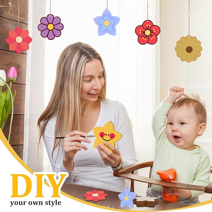 Flower 30pc 5Types Unfinished Wooden Gift Ornaments DIY Craft Birthday Present