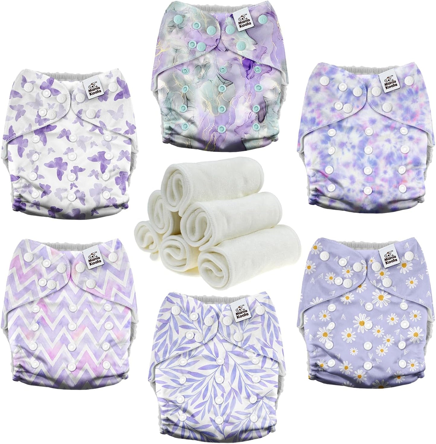 Mama Koala 3.0 Cloth Diapers for Babies with AWJ Lining, 6 Pack with 6 Natural Cloth Diaper Inserts - Reusable and Washable Pocket Diapers (Light Lavender)