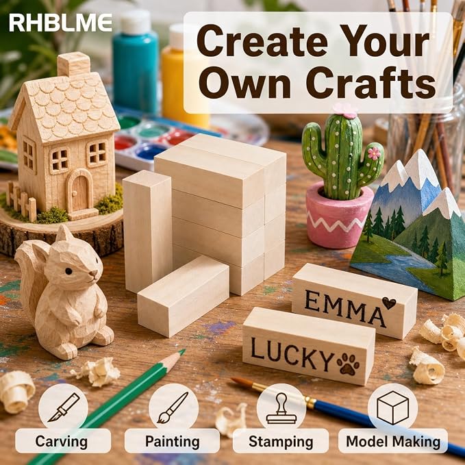 RHBLME 40 PCS Basswood Carving Blocks, Wooden Cubes Soft Solid Wooden Basswood