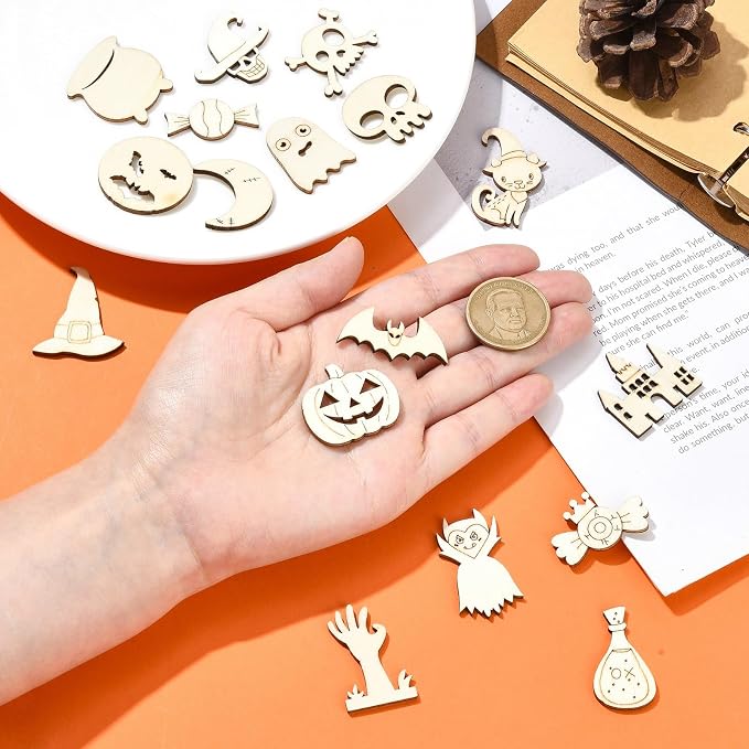 200 Pcs Unfinished Wooden Halloween Cutouts, Wooden Crafts