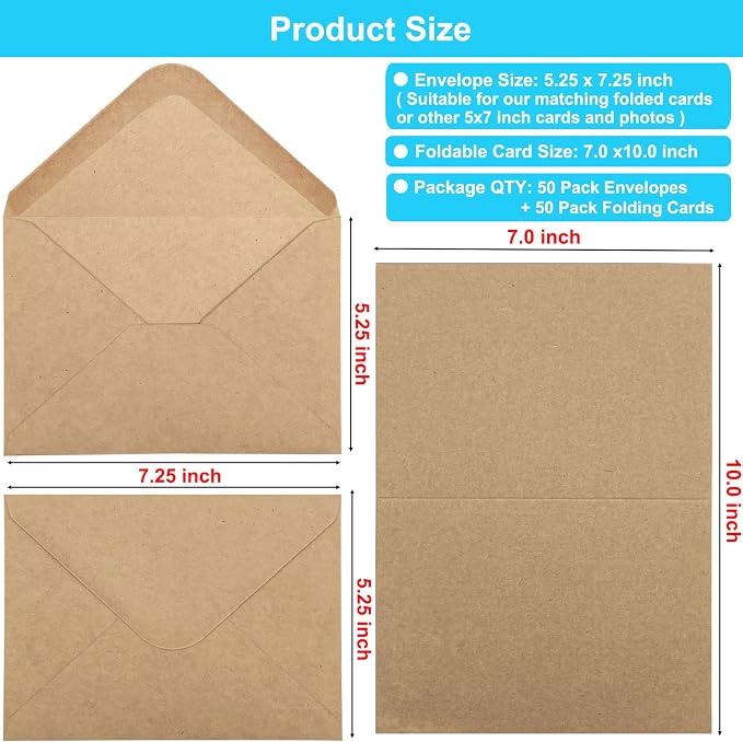 Blank Cards and Envelopes 5x7 inches, 50 Pack Brown Blank Note Cards Greeting