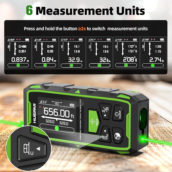 Huepar Dual Laser Measuring Tool, 656Ft Green-Beam Bilateral Digital Laser