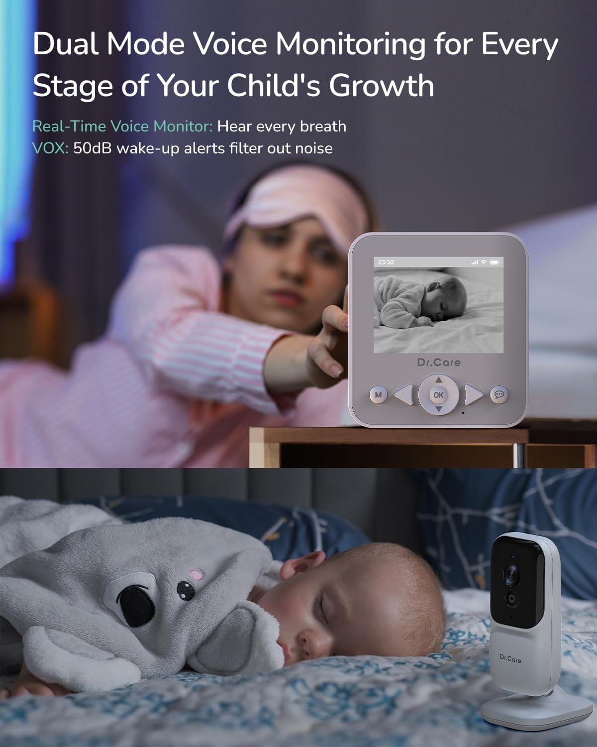 Dr.Care NeoView Video Baby Monitor with 2 Cameras, 2.8” Screen, 2-Way Audio, Video Loop Recording, Night Vision, Real-Time/VOX Monitoring, Temperature Sensor, Lullabies, Belt Clip Design