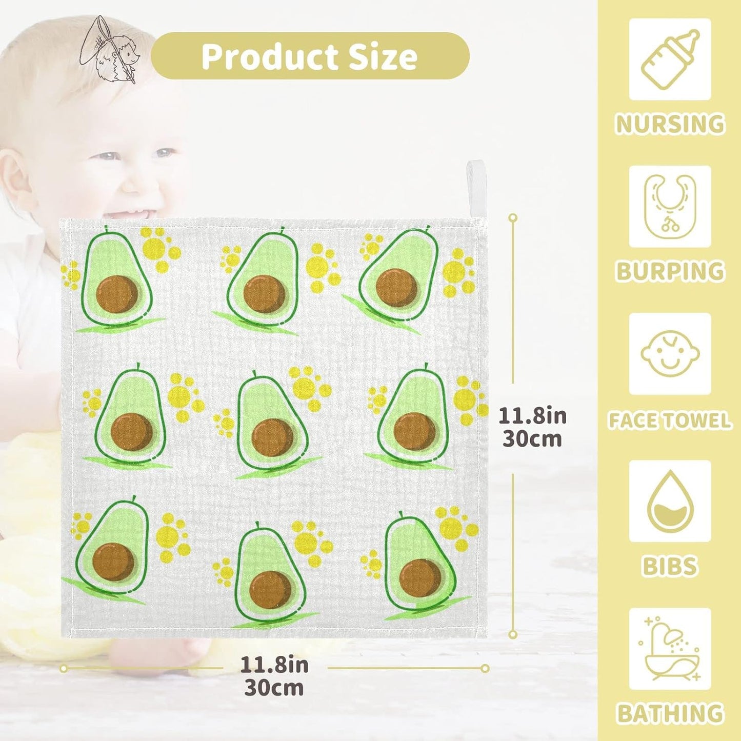Fresh Green Avocado Baby Muslin Washcloths Paw Print Fruits Burp Cloths Soft Absorbent Baby Wash Cloth Fingertip Face Towels for Newborn Boys Girls 12 x 12 in, 5 Pack