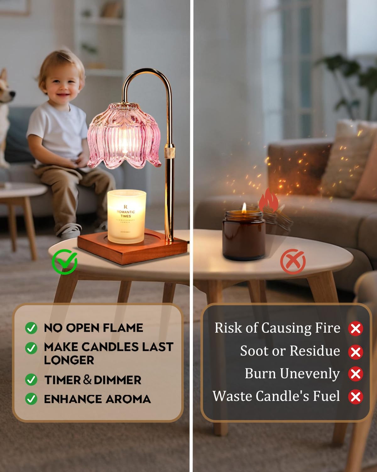Pink Candle Warmer Lamp with Timer & Dimmer, Candle Lamp Warmer Adjustable Height, Gifts for Women Mom Birthday Christmas, House Warming New Home Bedroom Decor,Lotus Flower Wax Warmer for Jar Candles