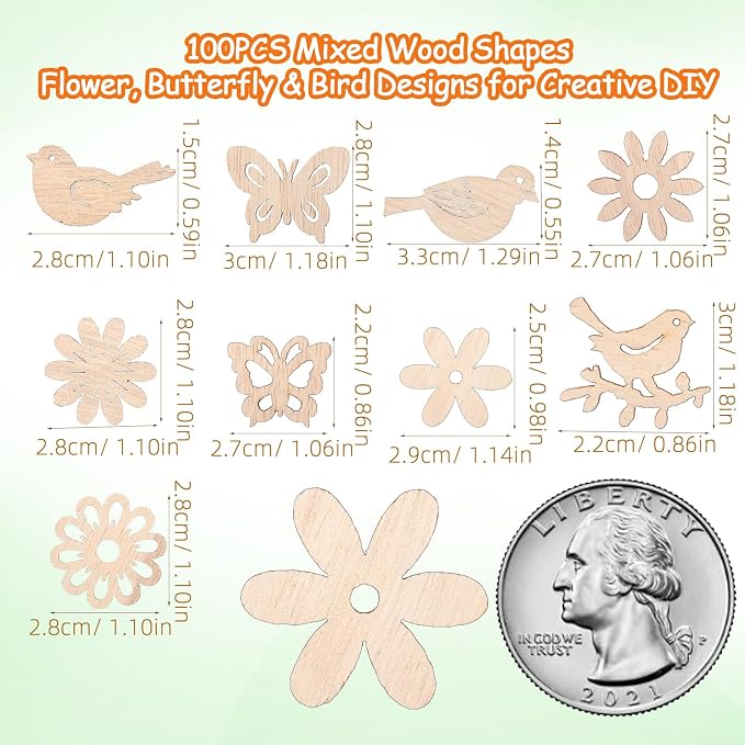 Amosfun 100PCS Wooden Cutouts for Crafts, Unfinished Wood Flowers Bird and