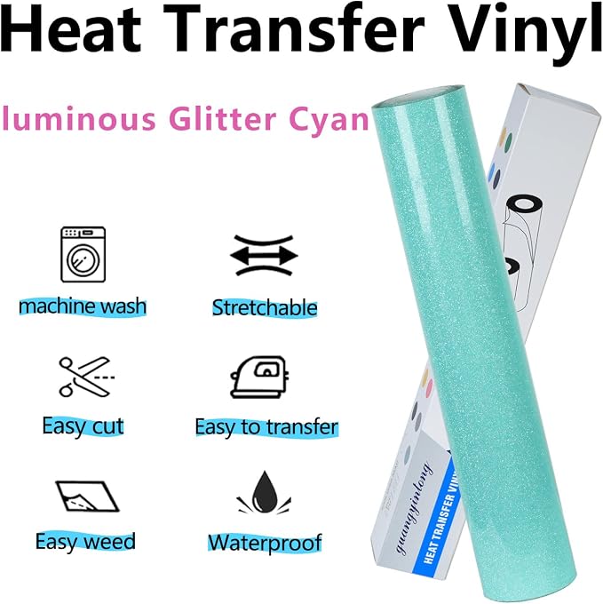 guangyintong Heat Transfer Vinyl Glow Glitter Cyan HTV Rolls, Glitter Cyan HTV