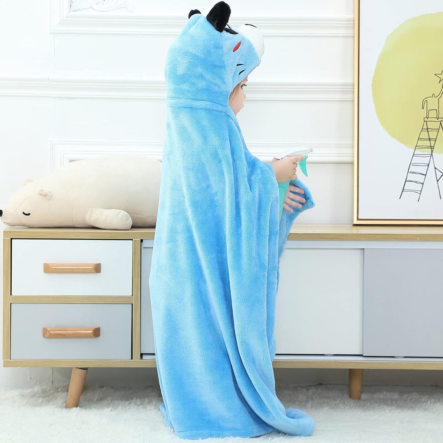 Wearable Blanket Hoodie for Kids Toddlers Hooded Towels Soft Cozy Flannel Wearable Throw Blanket Hoodie for Boys Girls Birthday Gifts (Blue Bear 50 * 40)