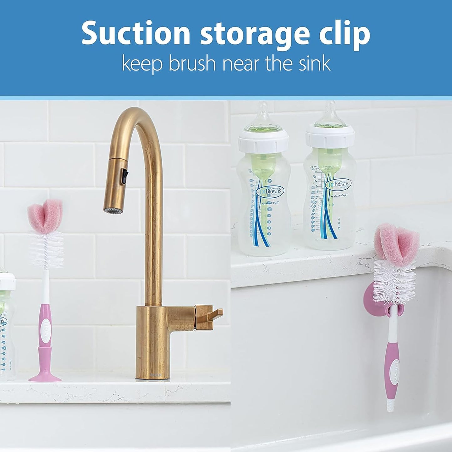 Dr. Brown's Reusable Sponge Baby Bottle Cleaning Brush with Suction Cup Stand, Scrubber and Nipple Cleaner, Pink 2-Pack