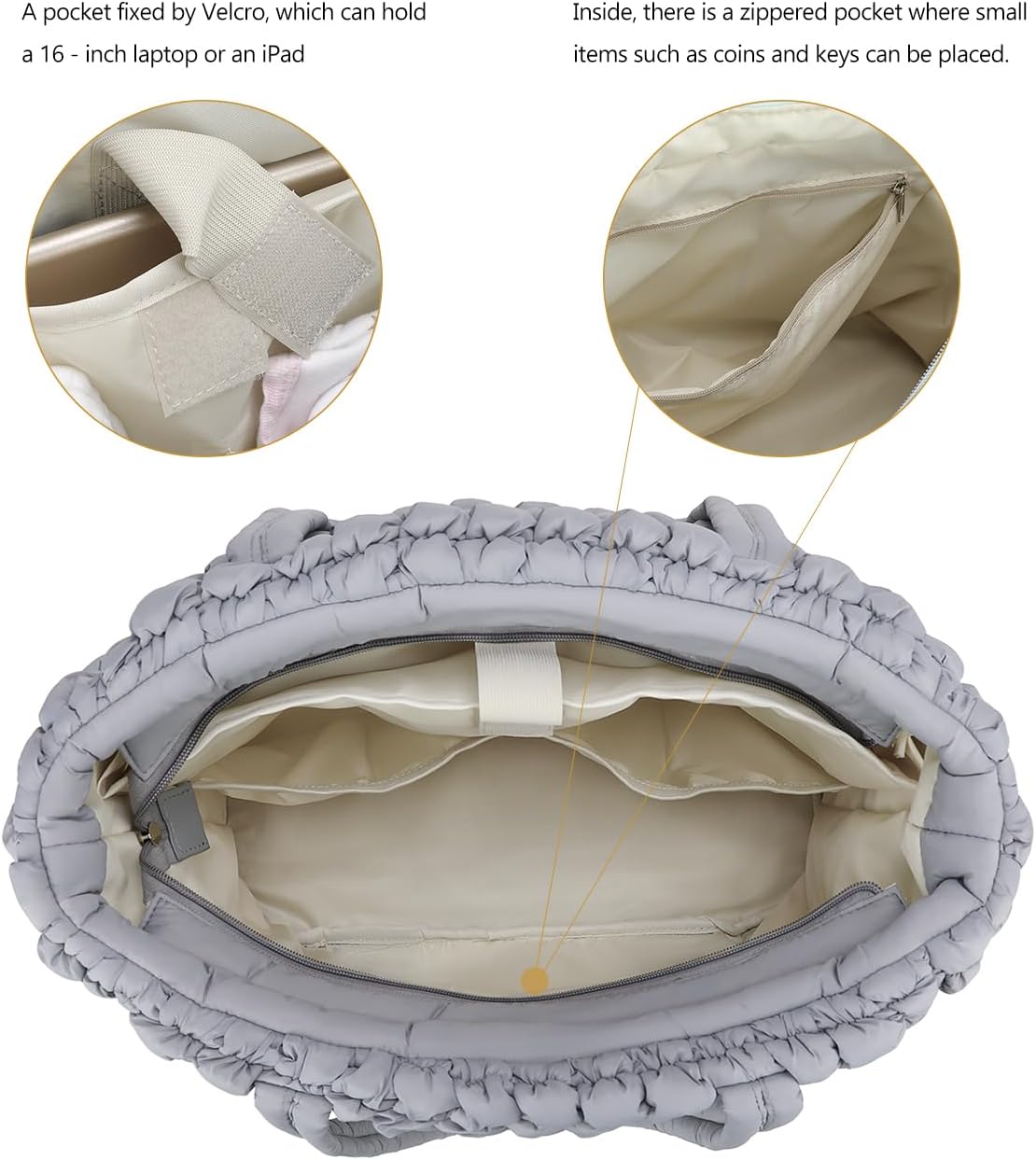 Lmbabter Puffer Quilted Tote Large Diaper Hobo Mommy Bag Hold 16“Laptop Stylish Cloud Handbag Carryall Daypack Travel Work