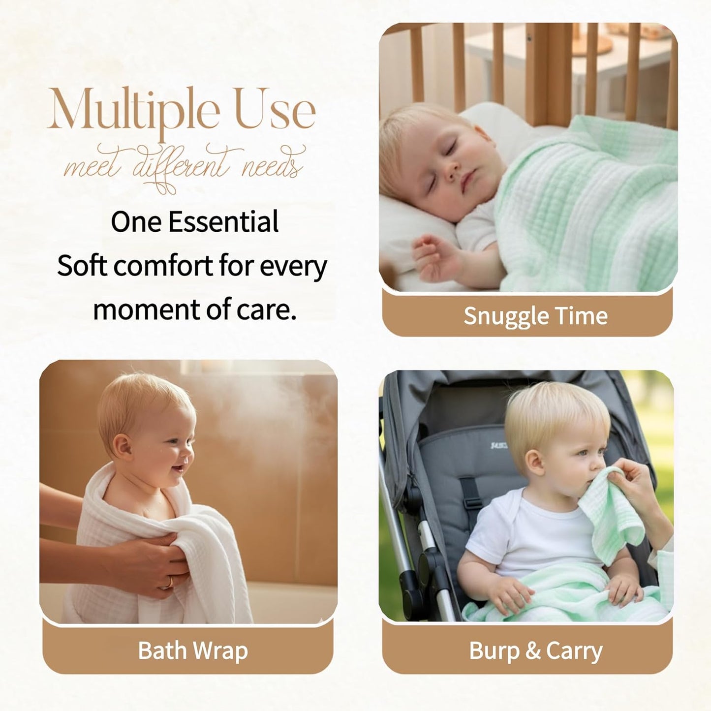 Muslin Baby Bath Towel Set, 2 Large Gauze Super Soft Baby Bath Towel and 3 Washcloths, 6 Layers 100% Cotton Infant Towel Newborn Towel Blanket Suitable for Baby's Delicate Skin(Green)