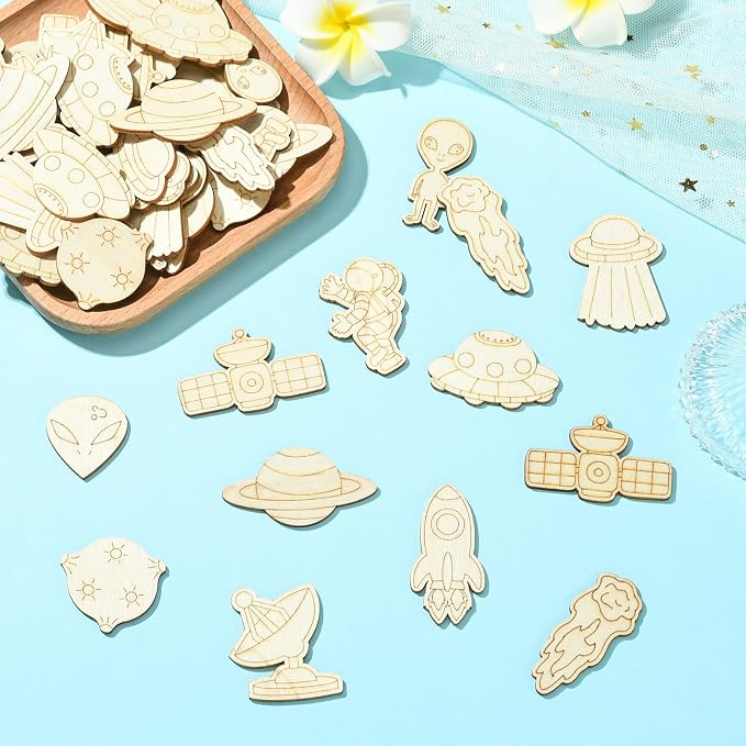 100 pcs Mixed Styles Universe Theme Unfinished Wooden Cutout Charms Alien
