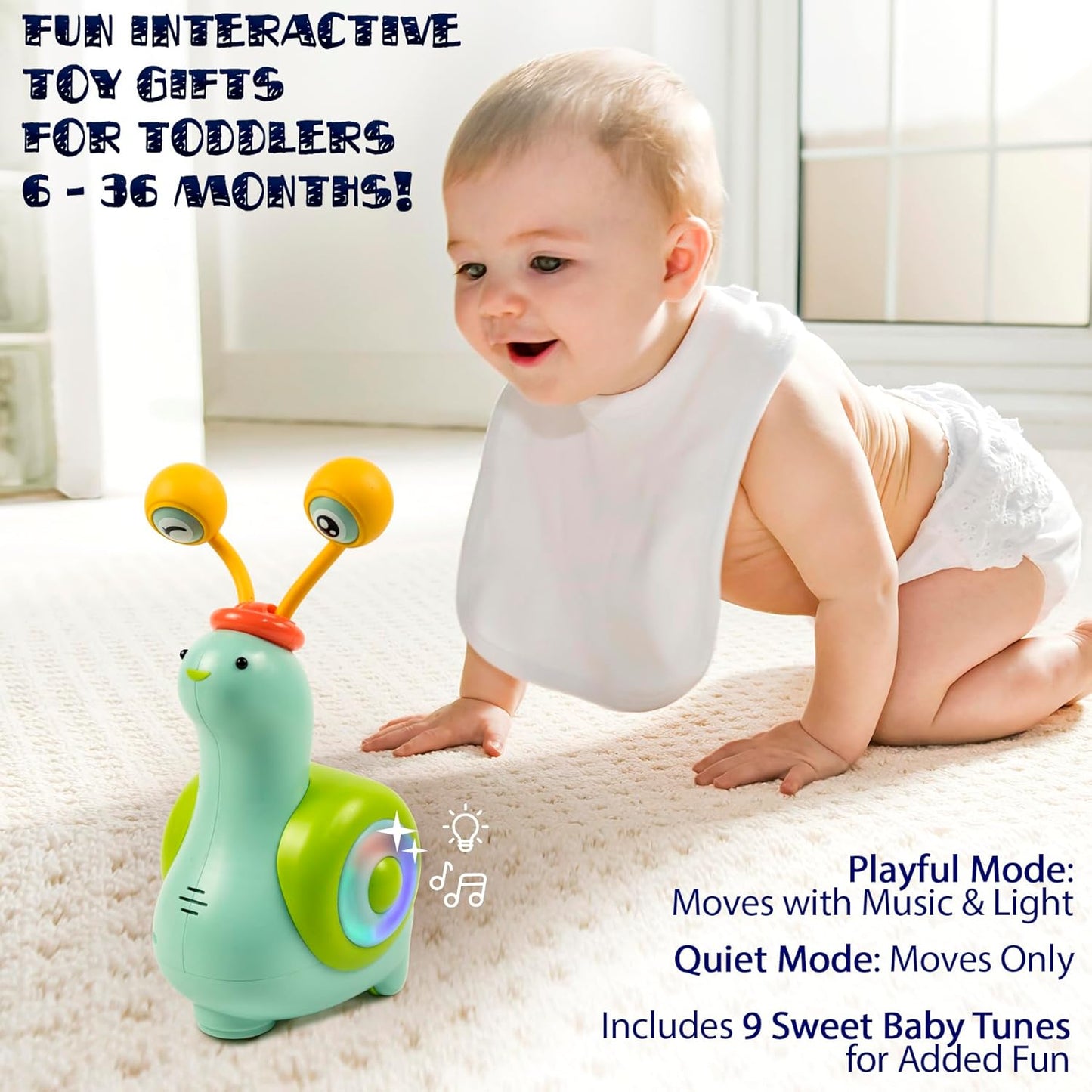 MINIARTIS Baby Crawling Toys | Musical Snail Baby Toy, Infant Tummy Time | Crawling Toys for Babies 6-12 Months | Learning Crawl and Walking | Toddler Birthday Gift for 6-36 Month Boy Girl