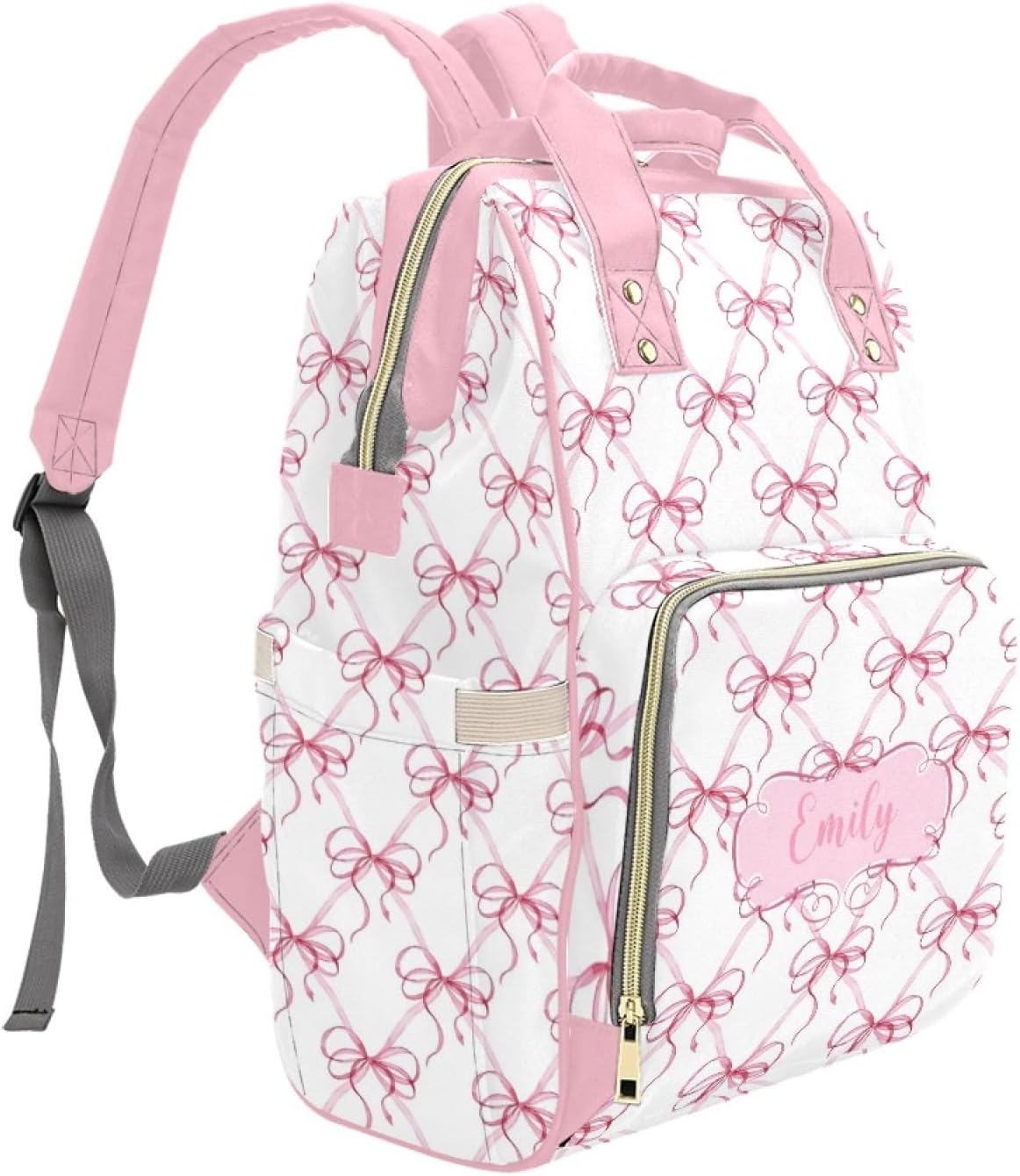 Custom Diaper Bag Backpack for Women, Personalized Name Nursing Mommy Daypack, Pink Bow Diaper Bag for Baby Girls, New Mom Gifts