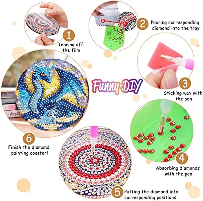 Zythron 8 Pack Diamond Art Coasters, Dragon Diamond Painting Coasters Kits |