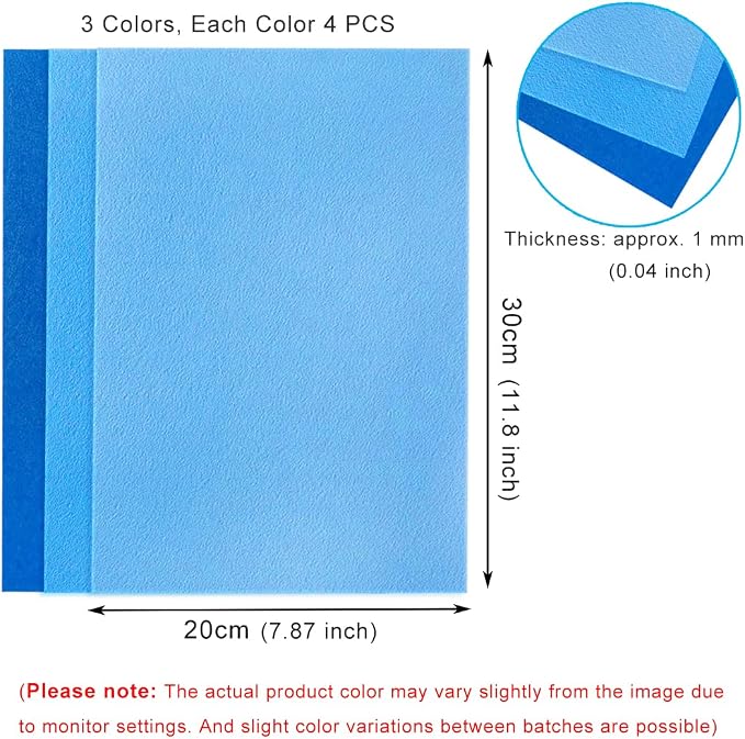 12 PCS Felt Fabric Sheets Shades of Blue, 7.87*11.8 inch A4 Stiff Felt Squares