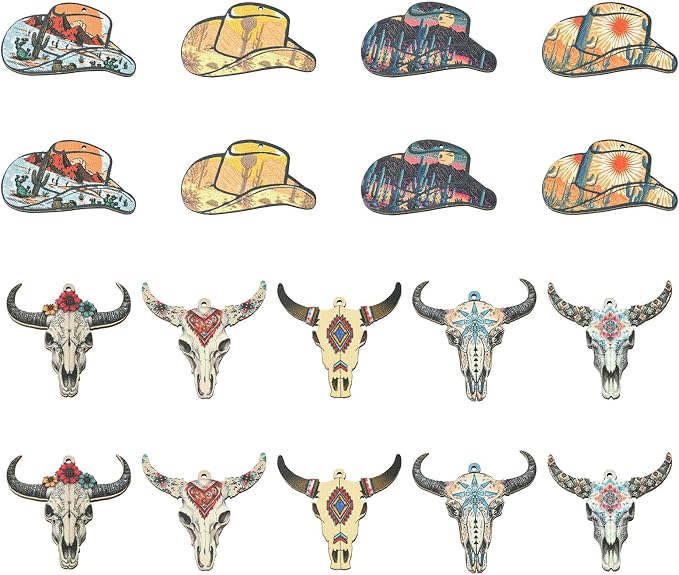 18 pcs 9 Styles Western Cattle Theme Wood Cutout Charms Cow Cap Hat Animal Wood
