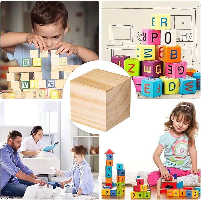 Wood Blocks for Crafts, Large Unfinished Wood Cubes, 3 Inch Natural Wooden