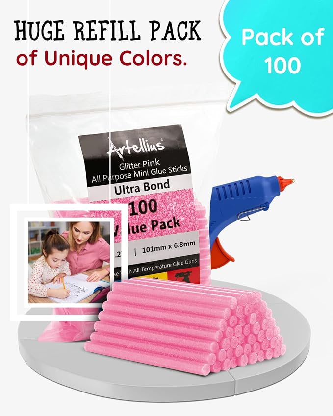 Artellius - Pink Glitter Hot Glue Sticks 4" x.27" - Ultra Bond Hot Melt