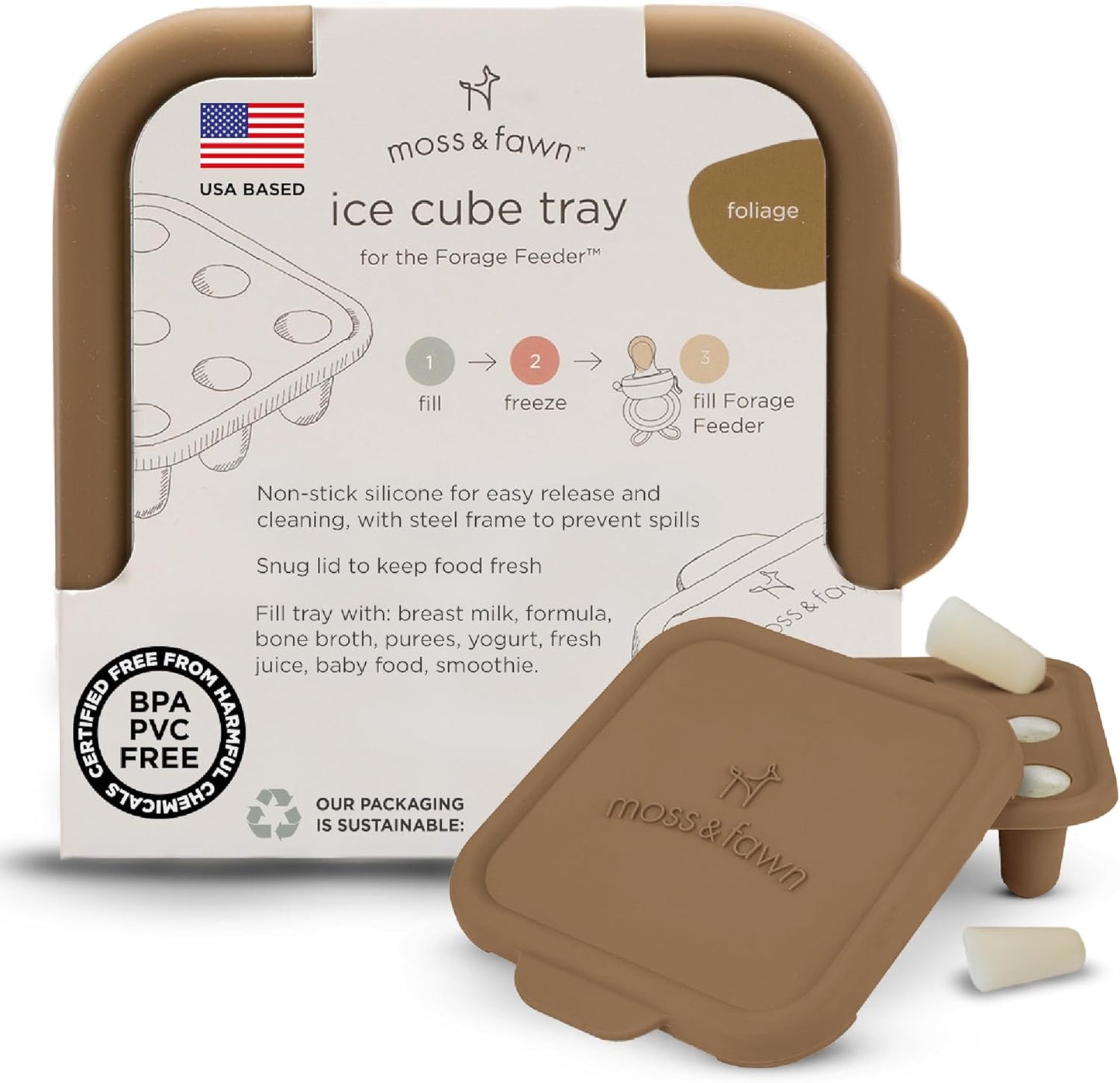 Moss and Fawn Ice Cube Tray - Forage Feeder Freezer & Teething Popsicle Mold for Breast Milk, Formula, Bone Broth, Purees, & Baby Food - BPA, Lead, & PVC-Free - Foliage