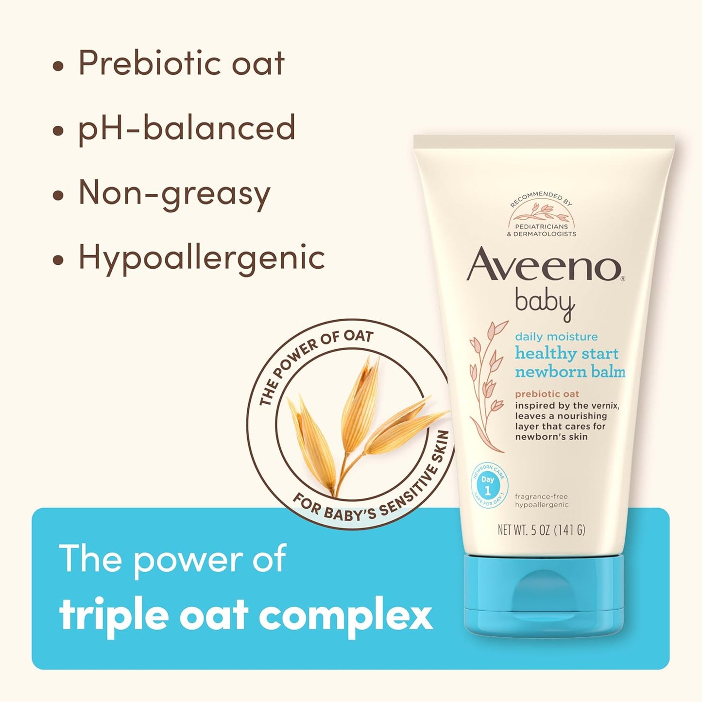 Aveeno Baby Healthy Start Nourishing Newborn Balm, Hypoallergenic Baby Skin Balm with Prebiotic Oat Leaves a Nourishing Layer to Care for Newborn Skin, Fragrance-Free, 5 oz