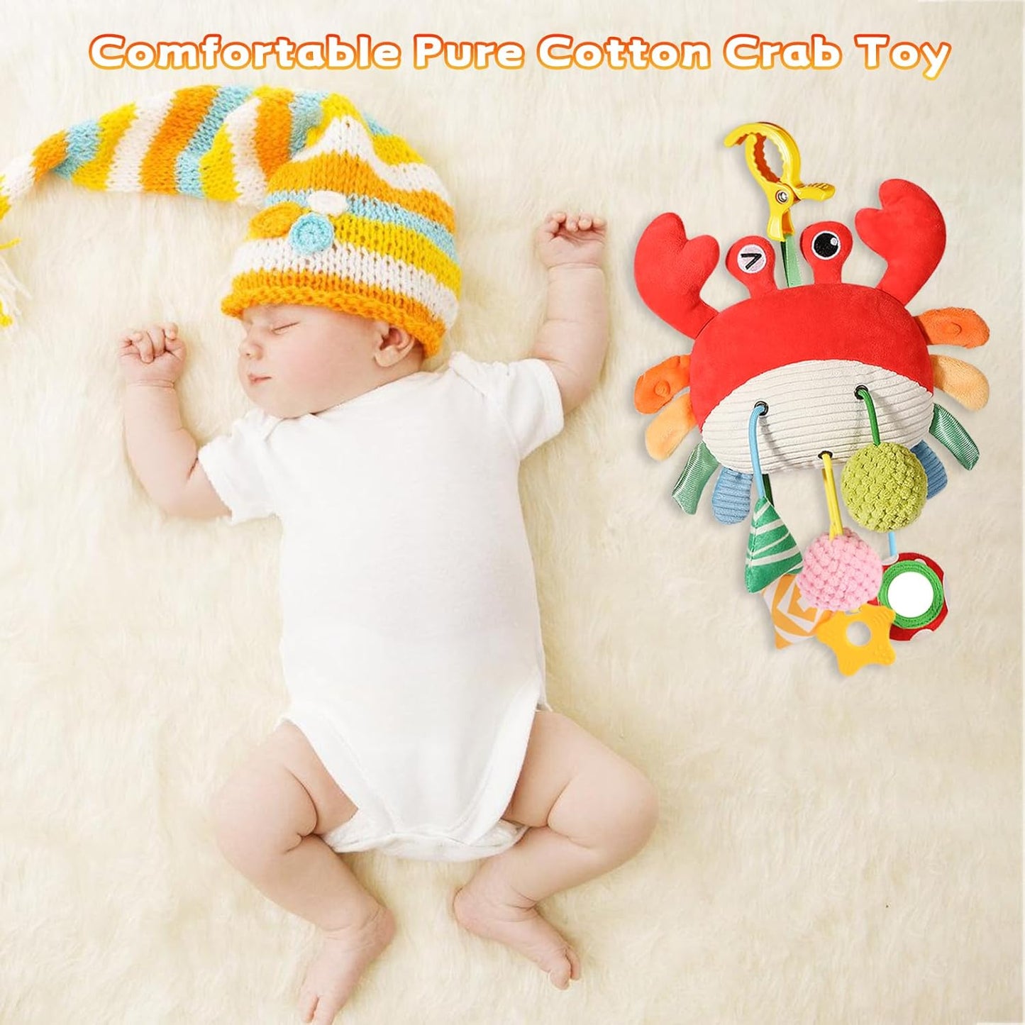 Car Seat Toys for Babies 0–12 Months, Hanging Infant Plush Rattle Toy with Mirror & Crinkle Clip-On Activity Toy for Car Seat, Stroller, Crib & Play Gym Baby Gift for Boys & Girls