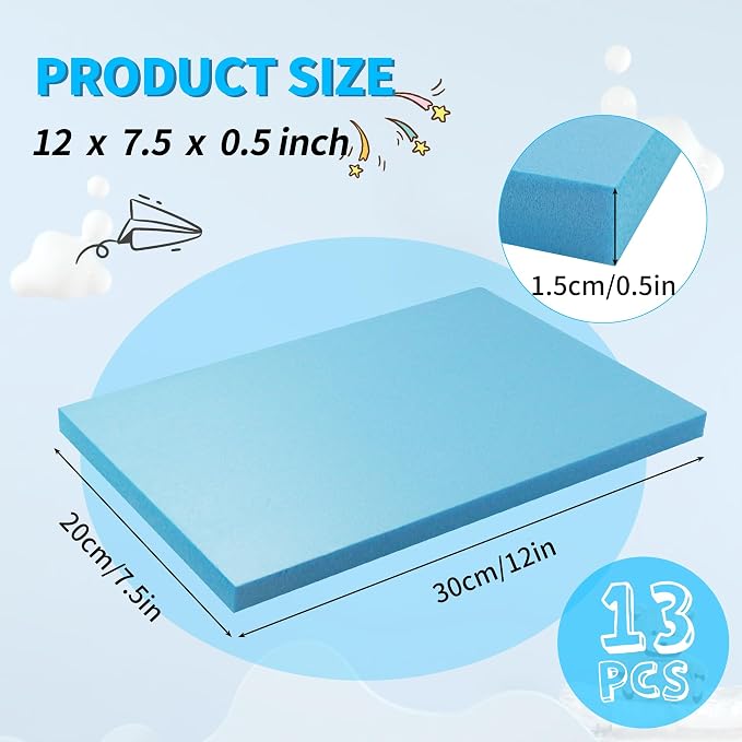 Blue 13 Pack 12x7.5x0.5 inch Foam Sheets 0.5 Inch Thick | Polystyrene