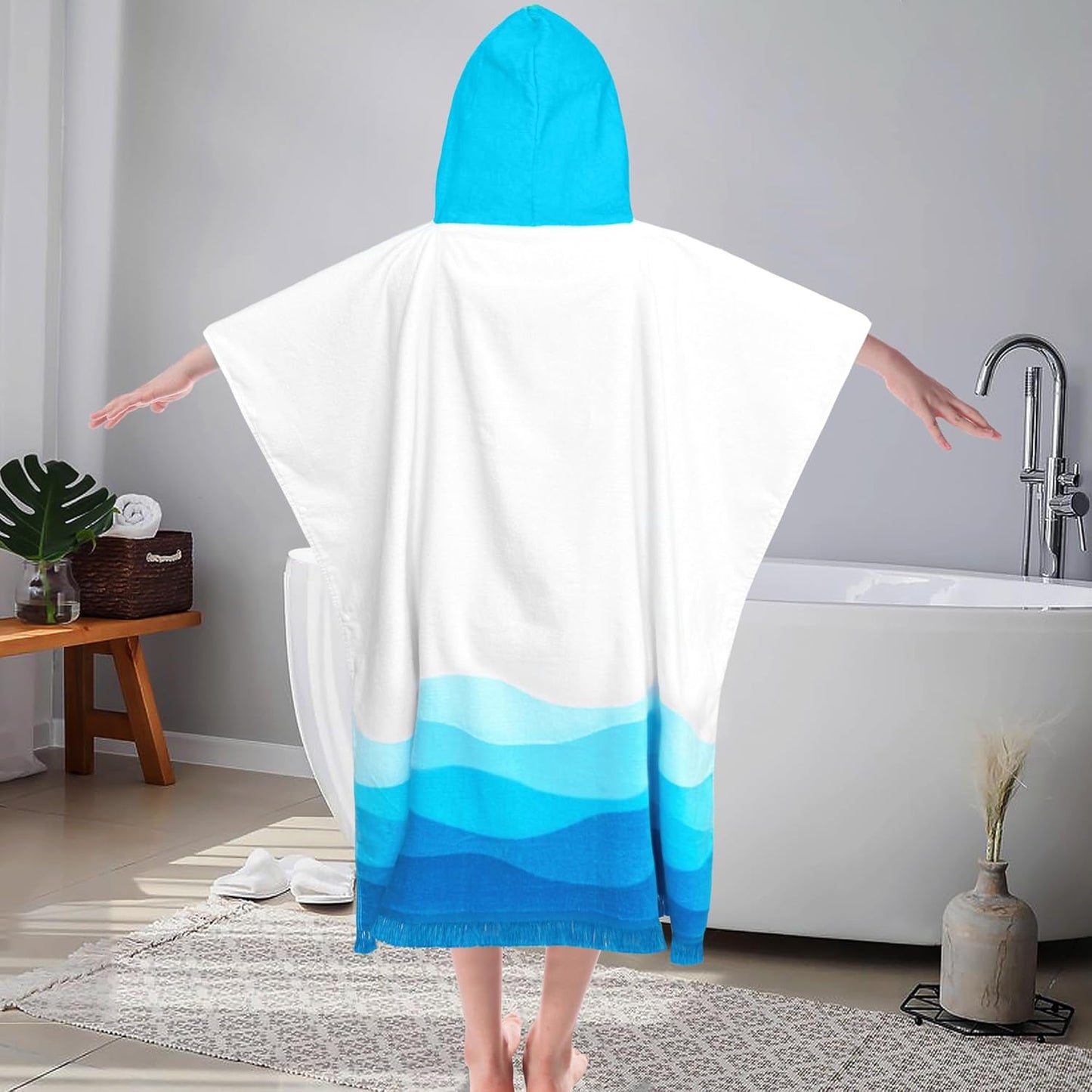 VOOVA & MOVAS Hooded Bath Towel for Boys| Girl | Teens (8-16Years), 100% Cotton Thick Poncho Towel Robe for Big Kids, Perfect for Pool, Beach,Bathroom,Waves Tassels