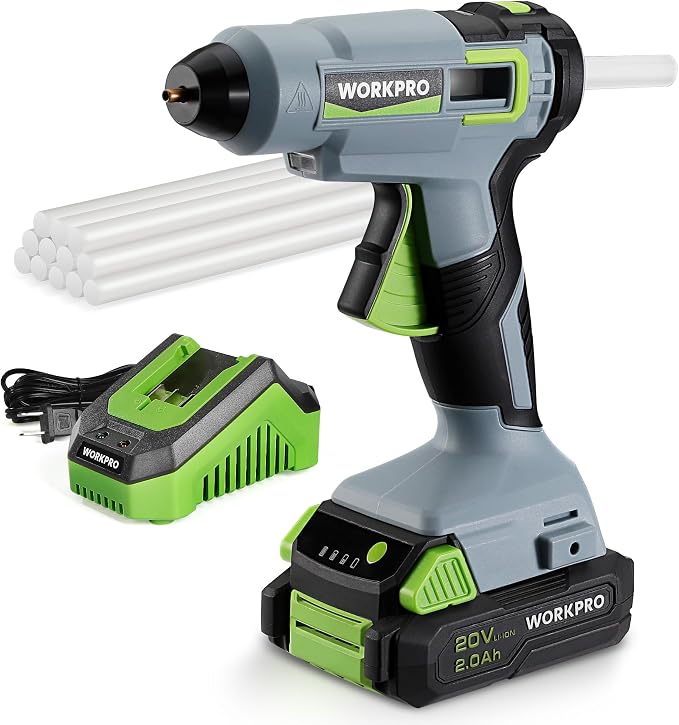WORKPRO 20V Cordless Hot Melt Glue Gun Kit, 2.0 Ah Li-ion Battery Powered