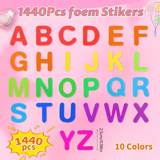 1440 Pcs Foam Letter Stickers, 10 Colors 1 Inch 3D Self-Adhesive EVA ABC